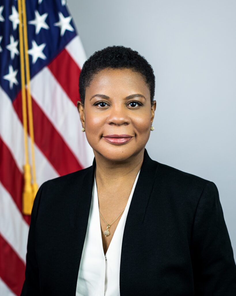 Alondra Nelson Headshot in front of US flag